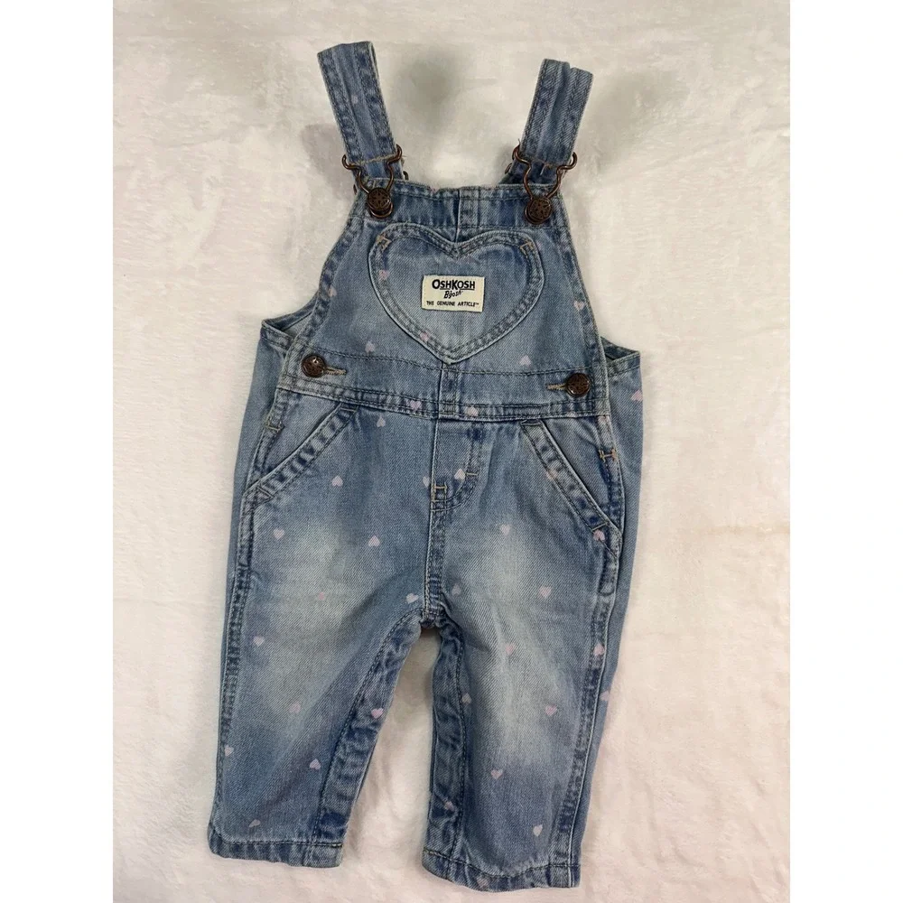 OshKosh B'gosh Denim Overalls 3M Blue Pink‎ Heart Print Vestbak Baby Girl